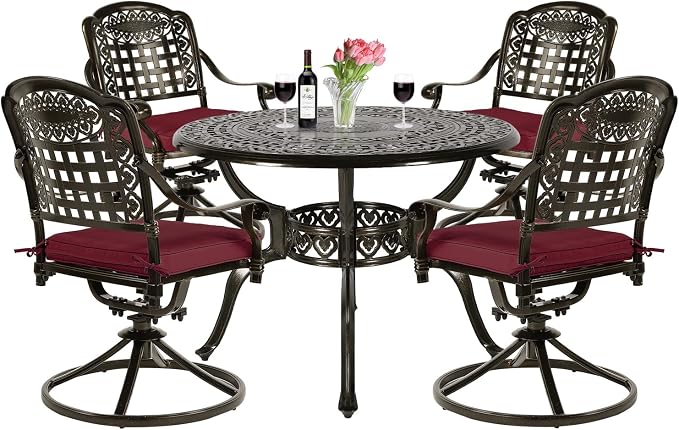 VIVIJASON 5-Piece Outdoor Patio Dining Set, All-Weather Cast Aluminum Conversation Set, Patio Furniture Set for Backyard, Include 4 Swivel Chairs, a 38.5" Round Table w/Umbrella Hole, Red Cushion