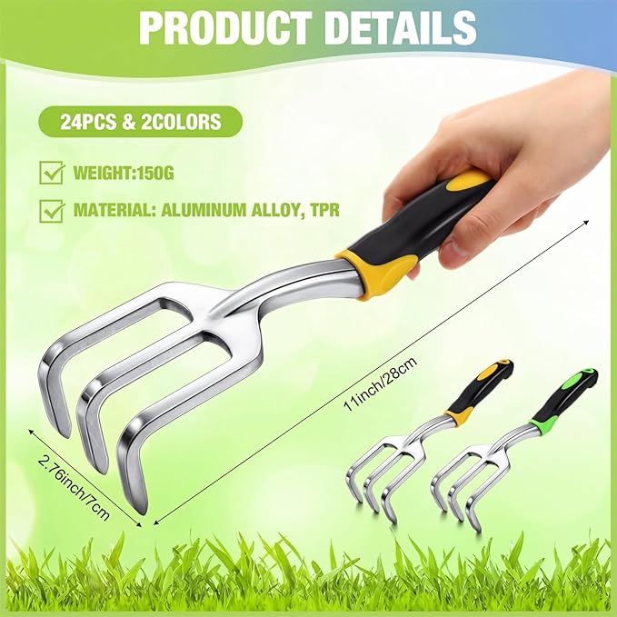 Yaocom 24 Pcs Hand Rake Garden Tool Mini Heavy Duty Garden Cultivator 11 Inch Small Rakes Gardening Aluminum Alloy Hand Tiller with Handle for Digging Weeding Loose Soil