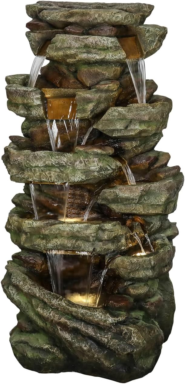 Naturefalls 59inches Outdoor Rock Water Fountain with LED Lights - Multi-Tiers Poly-Resin Cascading Waterfall Fountain for Garden, Patio, Yard, Home Decor
