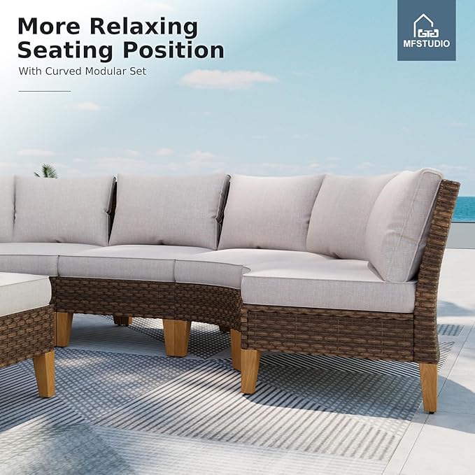 MFSTUDIO 12 Pieces Wicker Patio Furniture Set, All-Weather Rattan Outdoor Half-Moon Curved Sectional Sofa Set for Garden, Backyard, 4 x Curved Sofa, 2 x Armless Couch, 4 x Ottomans, 2 x Corner Chair