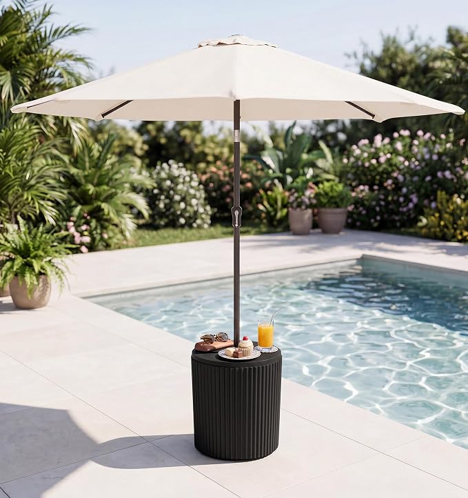 SERWALL Outdoor Round Umbrella Side Table, Outdoor Patio Table with Umbrella Hole for Porch/Patio/Poolside, 3-in-1 Multi-Functional Use, Black