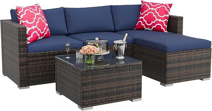 5-Piece Outdoor Sectional Sofa Set, All-Weather PE Rattan Patio Furniture with Ottoman & Tempered Glass Table, Convertible Garden Couch for Backyard, Porch, Poolside (Brown/Navy Blue)