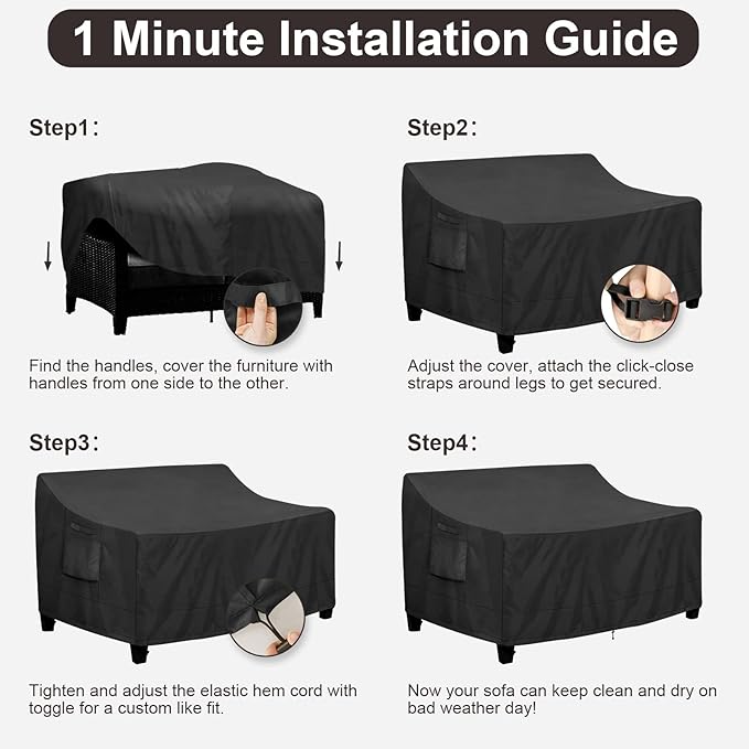 PureFit Outdoor Couch Cover Waterproof Patio Sofa Furniture Covers, 2-Seater Outdoor Loveseat Cover with Air Vent and Handles, 60W x 35D x 35H Inches, Black