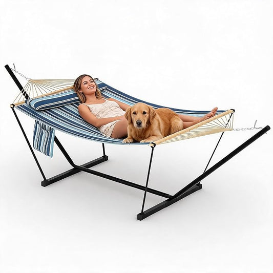 Double Hammock with Stand, 2 Person Heavy Duty Outdoor Hammock with 12FT Stand, Adjustable Steel Frame, Detachable Pillow, Carry Bag Included, 450lbs Capacity– Light-Navy Stripe