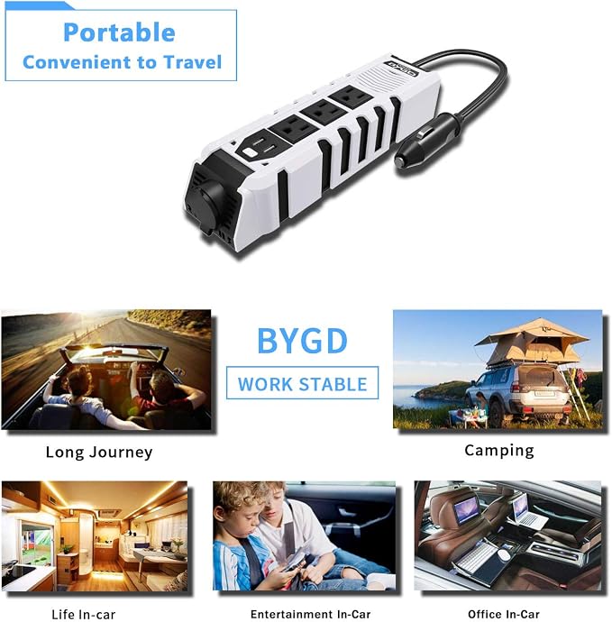 150W Car Power Inverter, DC 12V to 110V AC Car Plug Adapter Outlet Converter with 1 Cigarette Lighter Socket, 3 AC Outlets, Dual 4.8A Fast Charging USB Ports for Digital Devices