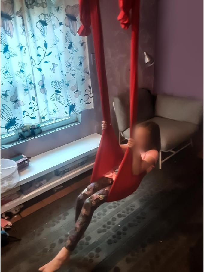 KUAFU 6.56 Yards Aerial Silks for Home Yoga Swing Therapy Swing Aerial | Hammock w/Extension Straps, o-Slings, Carabiners Red