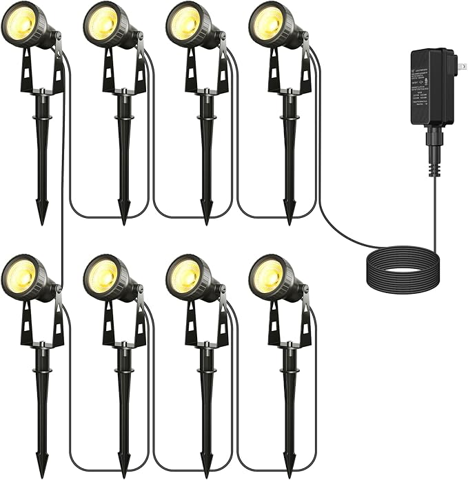 Zuske Outdoor Landscape Lighting, 8-Pack Low Voltage LED Spot Lights with Transformer, Waterproof IP65 Outdoor Landscape Lights for Garden, Yard, Backyard, Lawn, Trees, House, Flags – Warm White
