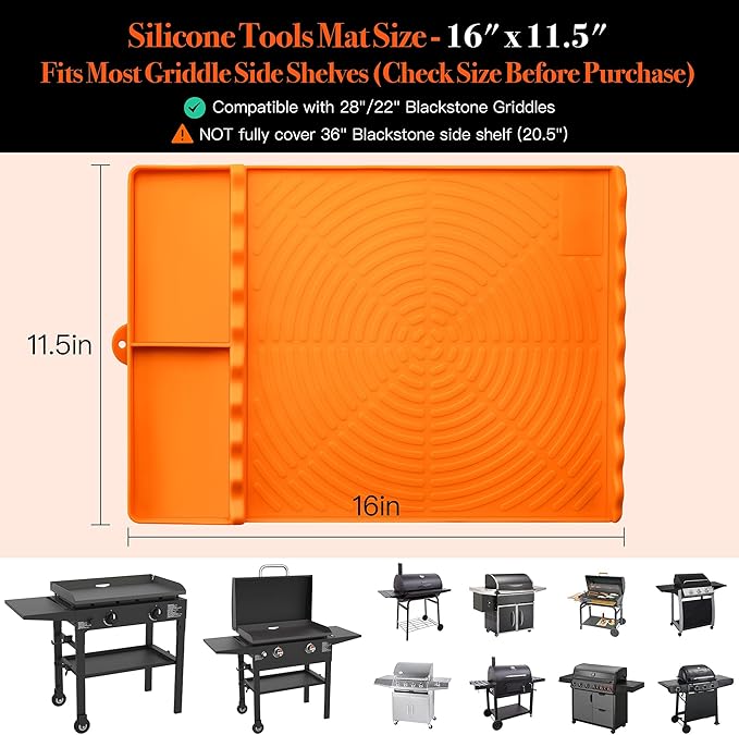 Silicone Grill Mat for Blackstone - BBQ Griddle Tools Side Mat with Drip Pad, Griddle Tools Mat for Outdoor Kitchen Countertop, BBQ Grill Accessories Gifts for Men (Orange-2Pack)