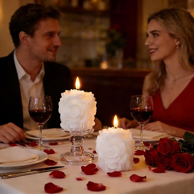 Valentine Day Rose Flameless Candles with Remote and Timer, 2 Pack Flickering LED Candles for Proposal Wedding Anniversary Romantic Night, White