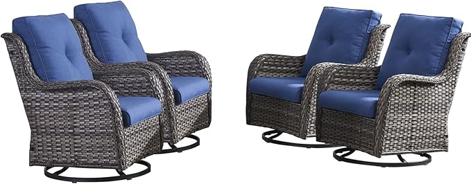 HUMMUH Outdoor Swivel Rocker Wicker Patio Chairs High Back PE Rattan Glider Chairs 4PCS Patio Furniture Set(Grey,Blue)