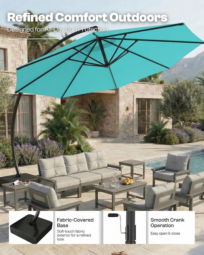 12 FT Cantilever Umbrella with Base Included, Large Round 360° Rotation Offset Umbrella Outdoor Patio, Heavy Duty Aluminum Frame, Sand-Weighted Stand, for Deck, Backyard, Pool, Garden (Teal)
