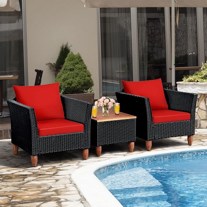 COSTWAY 3 Pieces Patio Rattan Furniture Set, Outdoor Wicker Conversation Chairs Set with Acacia Wood Coffee Table & Washable Cushion, Porch Furniture Bistro Set for Balcony, Garden, Backyard, Red