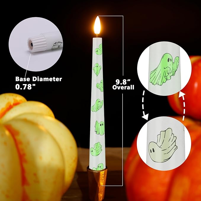 Halloween Flameless Taper Candles with Ghosts Glow in The Dark, Real Wax Battery Operated Candles with Remote, 3 Pack Flickering Halloween Led Candlesticks for Party Home Decor