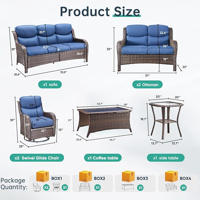 Outdoor Swivel Rocker Patio Chairs Set of 9 with 5" Thick Cushions ,9 Piece Furniture Set with Fire Pit Table All Weather Wicker Conversation Set for Porch Deck - Brown Wicker | Blue Cushions