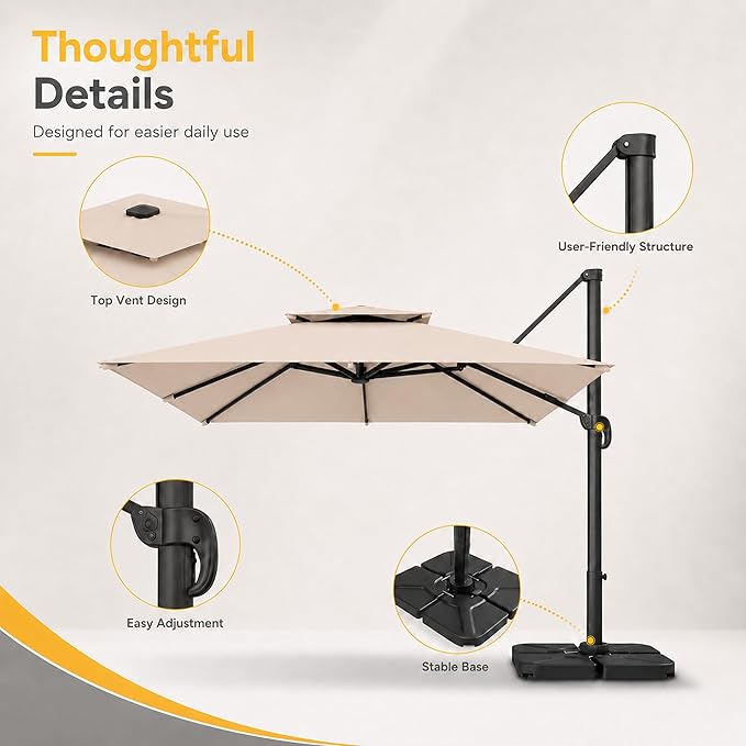 10FT Cantilever Patio Umbrella with Solar Lights, Large Outdoor 2 Tier Aluminum Offset Square Umbrellas 360 Degree Rotation for Garden Deck Pool