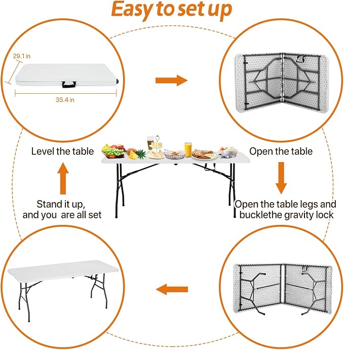 Dkeli Folding Table | 6 ft Folding Picnic Table Portable | Heavy Duty Dining Table | Fold in Half with Handle and Sturdy Steel Frame for Outdoor Indoor Camping, Picnic and Party, White