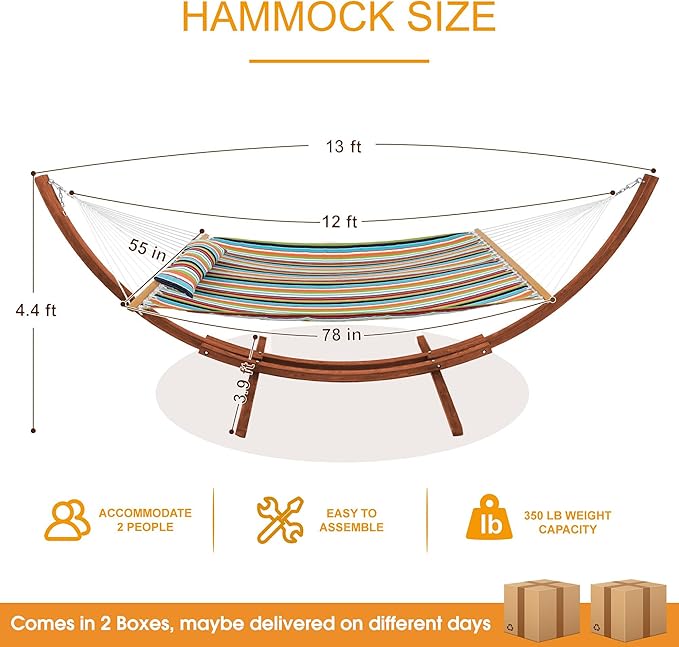Lazy Daze 12FT Sunbrella Fabric Hammock with 13FT Wood Arc Stand, Free Pillow Fits for Two Persons, All Weather and Fade Resistant for Patio Yard, 450 lbs Weight Capacity, Carousel Confetti