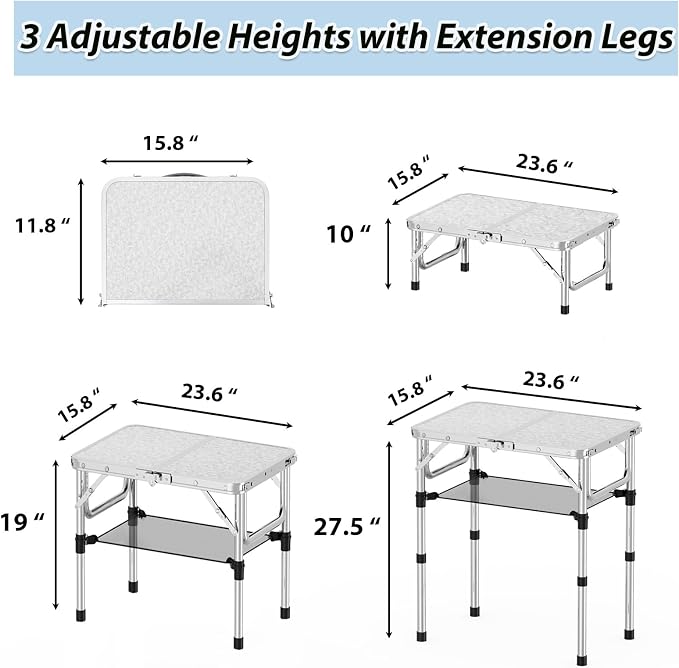 YihuiKo Small Folding Picnic Table with Storage Net, 3 Adjustable Heights 27.5" Aluminum Lightweight Portable Table with Carrying Handle for Camping Travel Indoor