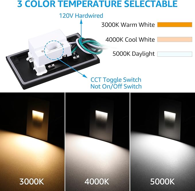 LEONLITE 5CCT 120V LED Step Lights, 3.5W 150LM 5%-100% Dimmable Indoor Outdoor Waterproof Vertical Stair Light, 2700K/3000K/3500K/4000K/5000K Selectable, CRI90, ETL, Aluminum, Black, Pack of 6