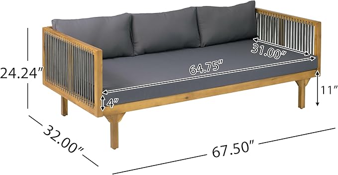 Merax Outdoor Acacia Wood Conversation Set - Patio 3-Seat Loveseat Sofa w/Coushion and Round Coffee Table for Backyard, Lawn, Balcony, Water Repellent, 600 lbs Sofa Capacity, Teak + Gray