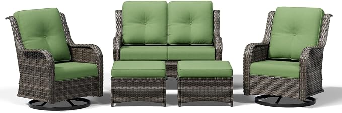 Joyside 5 Piece Wicker Patio Furniture Set, Outdoor Swivel Rocker Patio Chairs with High Back, Deep Seating, Wide Armrest, Thickened Cushions, Outdoor Furniture for Deck, Porch Use