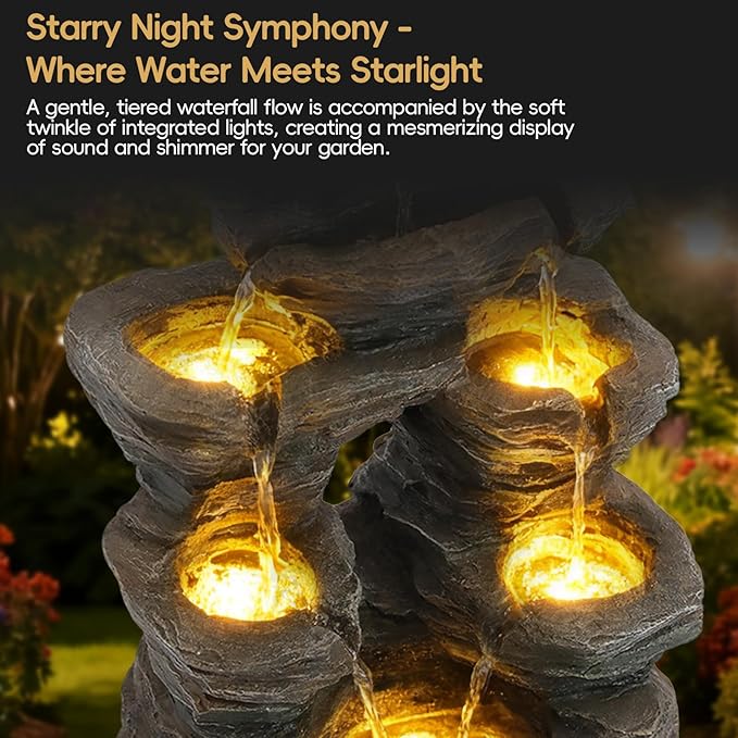 Outdoor Fountain with LED Lights, 7-Tier Cascading Rock Fountain, 23.6" H Fountains and Waterfalls with Stone-Look for Garden, Patio, Yard Decor