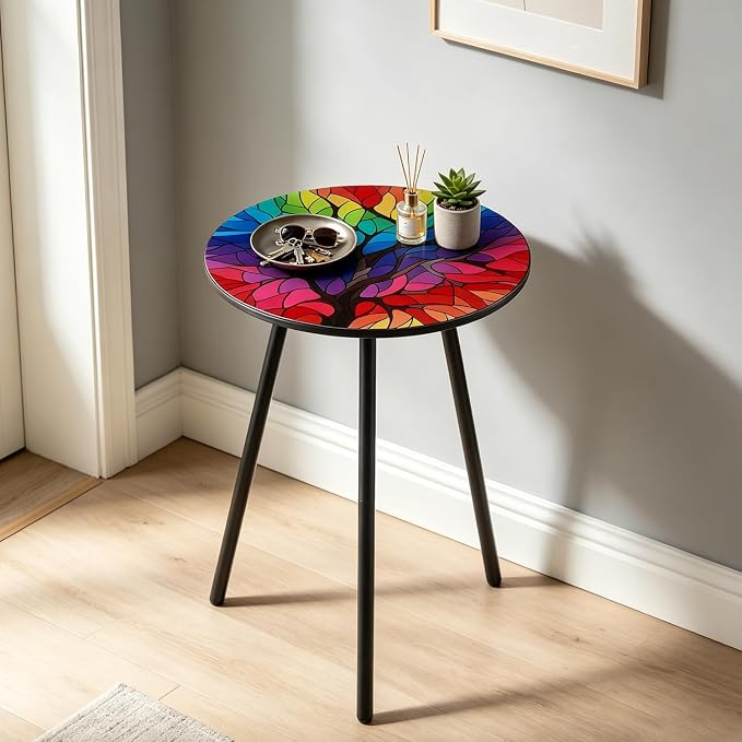 Outdoor Side Table Set of 2 Patio Side Tables for Outside Black End Tables Small Outdoor Table Round Patio End Table Metal Side Table Outside, Indoor, Bedroom, Living Room, Small Spaces, Rainbow Tree