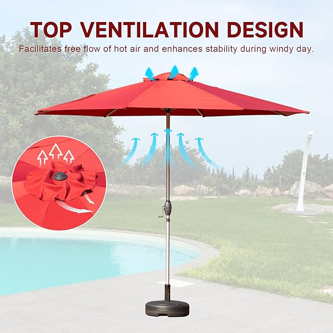 Domi 10FT Patio Umbrella Outdoor Market Umbrella with Silver Aluminum Pole, UV Resistant Canopy, Wind Vent, Tilt & Crank System, Perfect for Patio, Garden, Deck, Pool, Outdoor Dining, Red