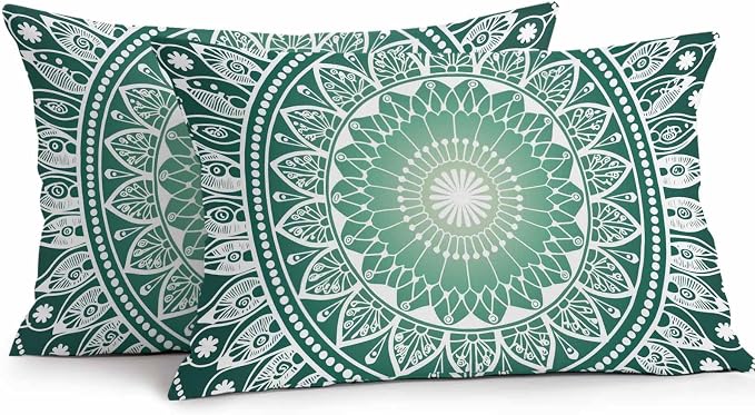 Vandarllin Outdoor Throw Pillows Covers 20x12 inch Set of 2 Waterproof Green Boho Floral Decorative Zippered Cushion Covers for Patio Furniture, Bohemian Sacred Space Art Lumbar Pillowcases