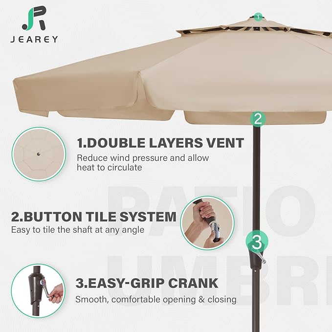 JEAREY 9' 2-Tiers Patio Umbrellas Outdoor Market Table Umbrella w/Push Button Tilt/Crank, 8 Sturdy Ribs, UV Protection Waterproof Sunproof(Beige)