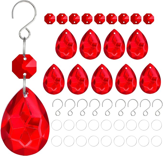 10 Pcs Red Crystal Bauhinia Suncatcher Prisms Chandelier Window Decor | Red Crystal Bauhinia Prisms Suncatcher Pendants 38mm Chandelier Beads Replacement for Window Wedding Party Decor