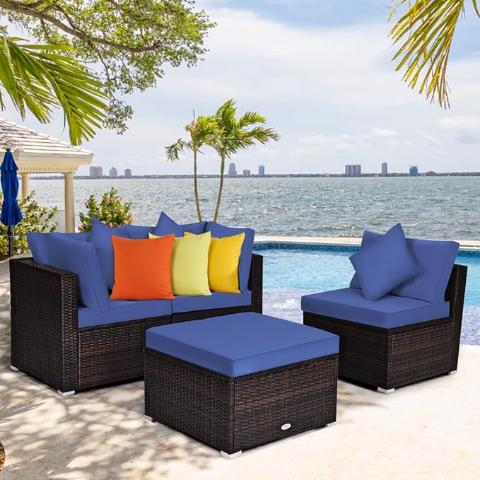 Tangkula 4 PCS Patio Rattan Sofa Set, Outdoor Wicker Sectional Furniture Set, Patio Conversation Set with Removable Cushions & Pillows for Backyard Porch Garden Poolside Balcony (Blue)