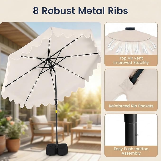Happygrill 9FT Solar Patio Umbrella, Outdoor Market Table Umbrella with 32 LED Lights, Weighed Base, 2 Sandbags, Tilt & Crank, 8 Ribs, Fabric Canopy Sunshade, Vented Top for Garden Deck Pool Backyard (Beige)