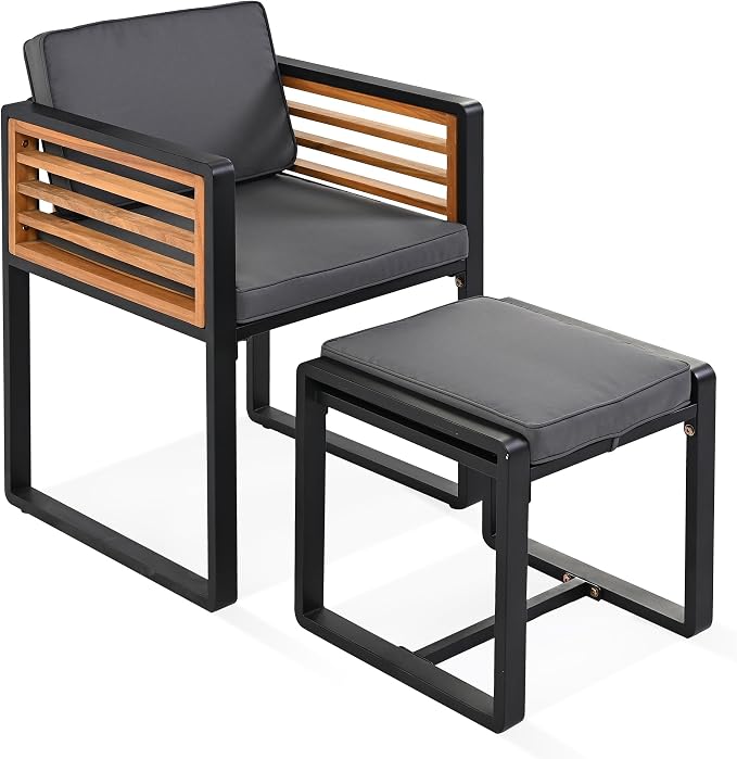 9-Pieces Outdoor Dining Set for 8, Acacia Wood Patio Furniture Set with Outdoor Square Table and 4 Cushioned Chairs & 4 Ottomans for Backyard, Garden, Deck and Poolside (Grey, 9 Piece)