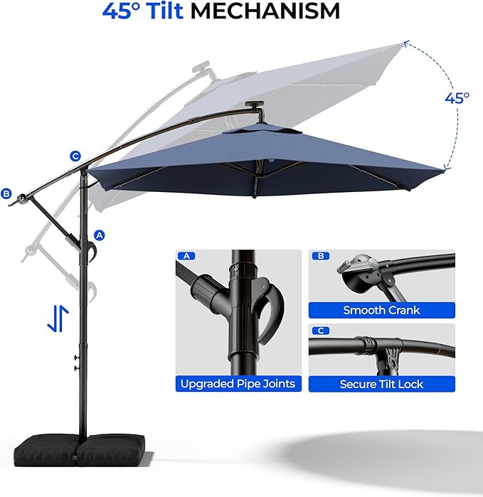HOMSHADE 10FT Offset Patio Umbrella with Solar Lights, Outdoor Patio Umbrella with Base Included, Easy Tilt and UPF50+ Cantilever Market Hanging Umbrellas for Pool, Deck, Garden, Patio (Navy Blue)