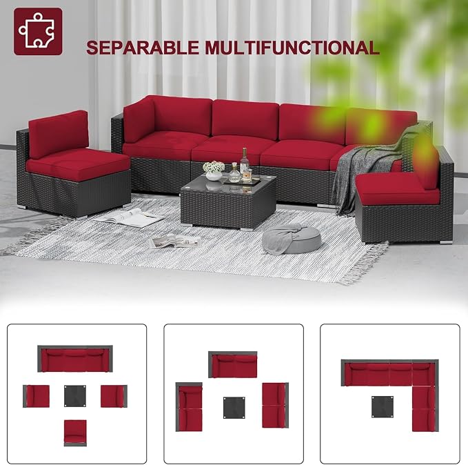 SUNCROWN Outdoor Patio Furniture Sofa Set 7 Piece All-Weather Wicker Sectional Conversation Set with Modern Glass Coffee Table, Cushions and A Waterproof Cover -Red