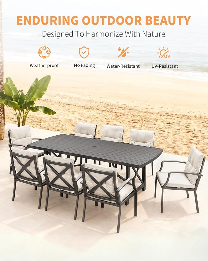 9 Pieces Outdoor Patio Dining Set, Never Rusts Aluminum Patio Table and Chairs Set, 8 Person Outdoor Dining Table Set Patio Furniture Set for Garden, Backyard, Deck, Gunmetal