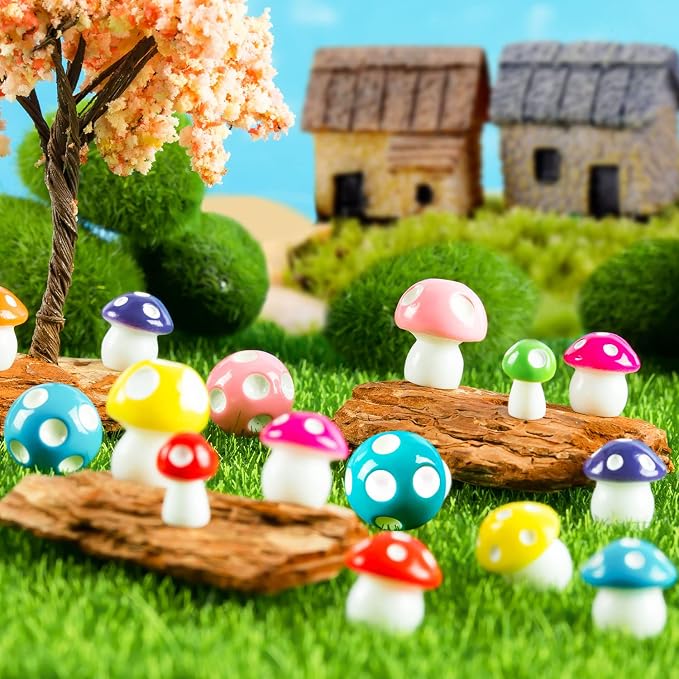 64 pcs Tiny Mushrooms, Colorful Miniature | Fairy Garden, Mini Resin Mushrooms Decoration, Mushroom Statue Cute Figurines, Garden Bonsai Micro Landscape Craft