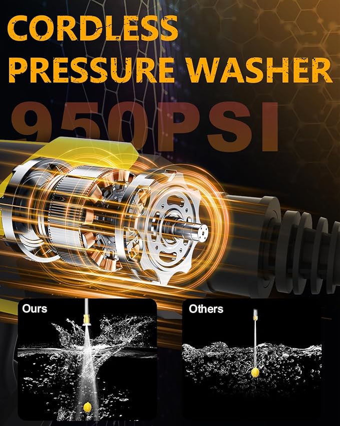 950PSI CordlessPowerWasher with Foam Cannon for Car, Lane, Patio Cleaning, Yellow