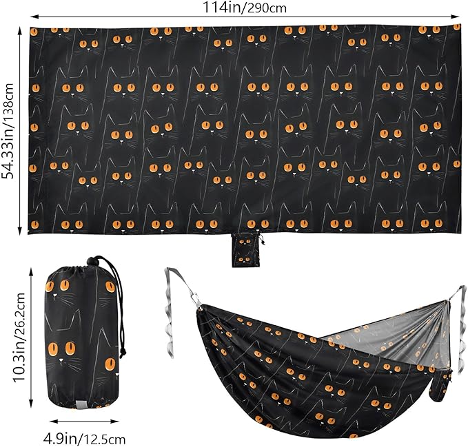 Camping Hammock Outdoor Hammocks for Outside Black Cat Orange Eyes Beach Trees Portable Lightweight with Pockets Tree Straps Indoor Small