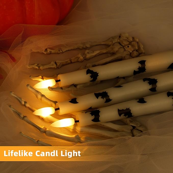 Halloween Taper Candles with Bats, 9.6”Real Wax Flameless Taper Candles with Remote & Timer, 3 Pack Battery Operated Halloween Led Candlesticks for Party Home Decor