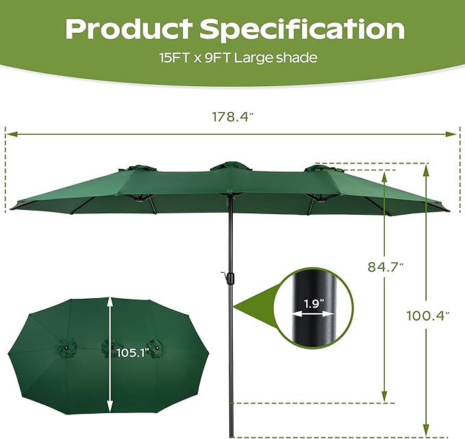 15ft Umbrella Outdoor Patio - Double-Sided Large Market Rectangle Umbrellas with Crank Handle for Patio Garden Yard Pool (No Base)