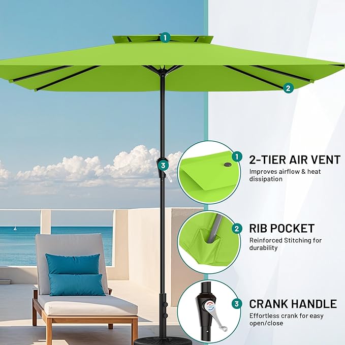 AreShark 8'x10' 2 Tiers Rectangular Patio Umbrella - Outdoor Umbrella Waterproof UV Protection, Market Table Umbrella w/Crank for Pool, Backyard, Deck(Apple Green)