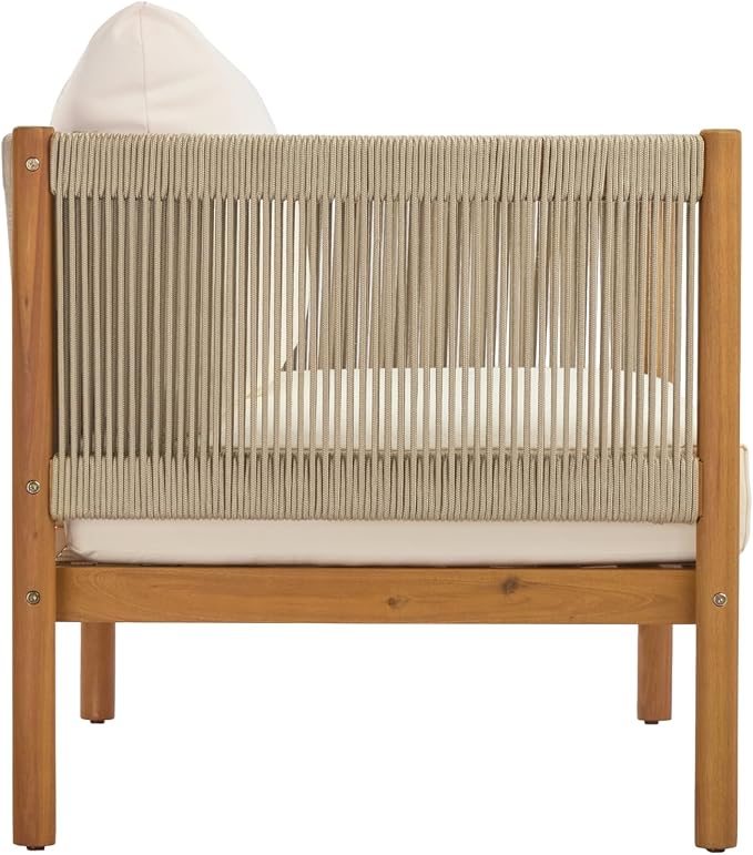 Merax Outdoor Club Chair with Acacia Wood Frame in Teak Look, Beige Rope Panels & Cream Water-Repellent Cushions for Patio & Garden