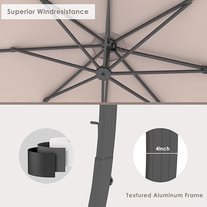 ENSTVER 12FT Solar Powered LED Light Cantilever Patio Umbrella With Base Included, Round Large Aluminum Outdoor Cantilever, Heavy Duty Offset Umbrella with 360°Rotation for Pool, Deck, Backyard