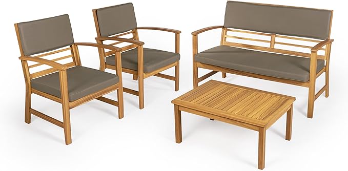 JONATHAN Y LVG1000B-4SET Barclay 4-Piece Modern Coastal Acacia Wood Conversation Outdoor Patio Set with Cushions Transitional, Classic, Traditional, Vintage, Mid-Century, Dark Gray/Teak Brown