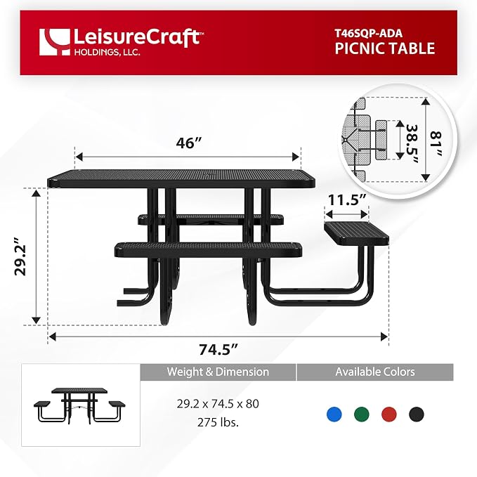 Leisure Craft Metal Picnic Table with Bench - 46" Square Outdoor Dining Table with Umbrella Hole, Heavy Duty Thermoplastic Coating, ADA Compliant, Commercial Grade Furniture Made in USA - Black