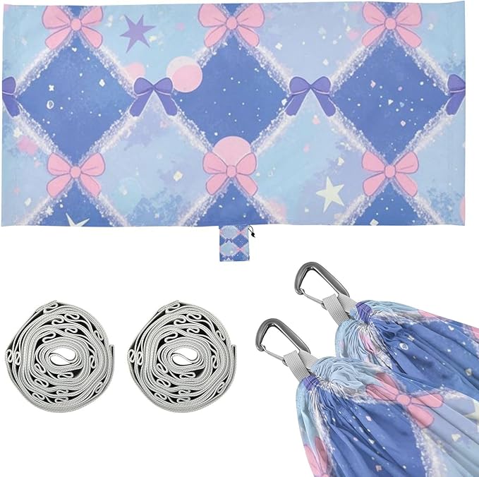 Blue and Pink Cute Bow Check 330lb Capacity Outdoor Hammock with Tree Straps Hanging Hammock for Outside Camping Essentials hamaca para adultos