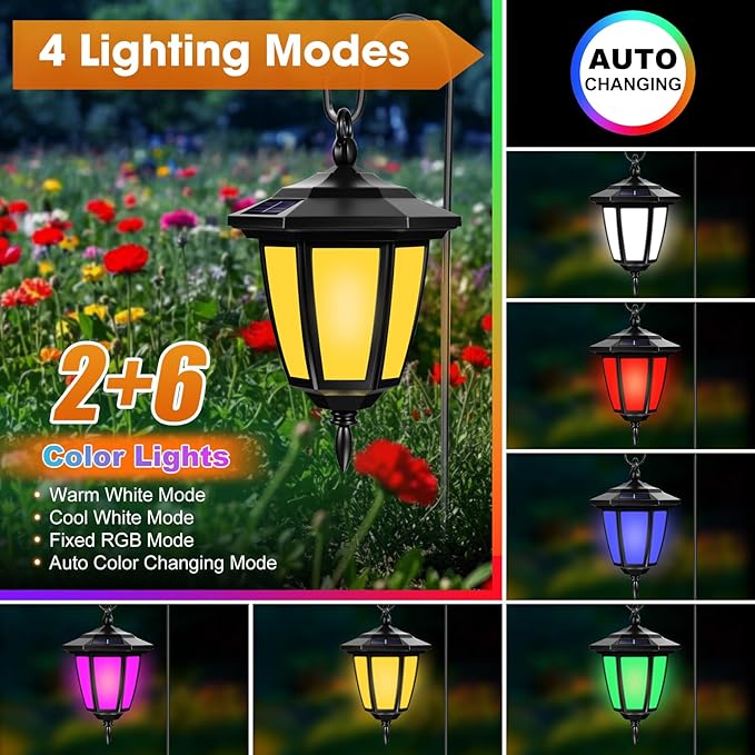 Viewsun 34 Inch Solar Hanging Lights, Shepherd Hook Lights with 4 Lighting Modes Waterproof Outdoor Decorative Solar Lantern Lights for Garden Decor, Patio, Backyard, Pathway, 2 Pack