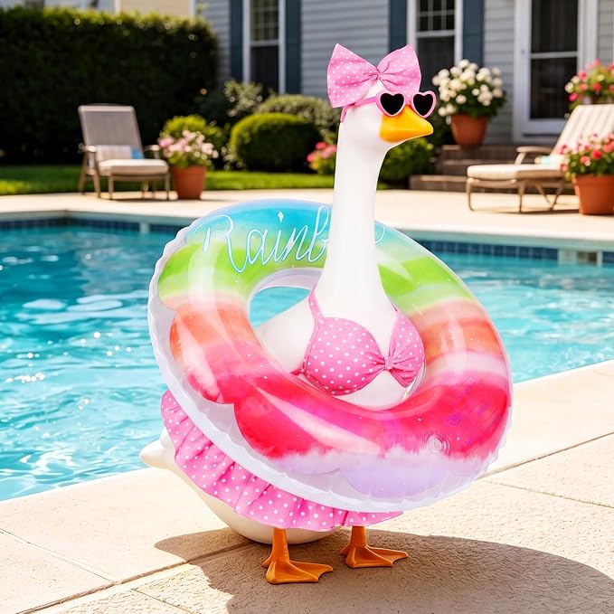 Porch Goose Summer Outfit, 23 Inch Hawaiian Bikini Costume, Accessories Include Bow, Sunglasses & Swim Ring, Fits Cement Goose Statue for Garden Patio Yard Outdoor Decor (Polka Dot)